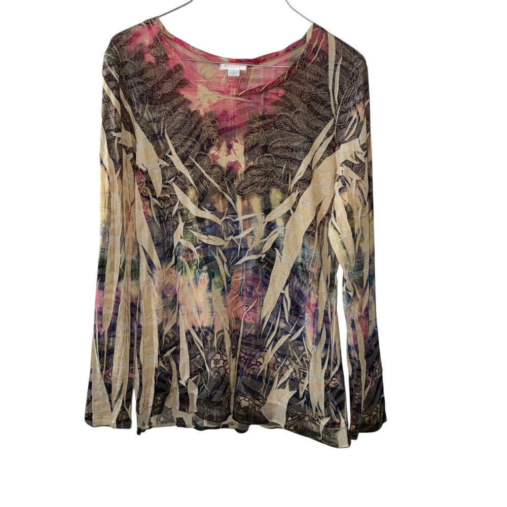 Xhilaration Women’s Top L Sheer Long Sleeve Boho Abstract Print Lightweight